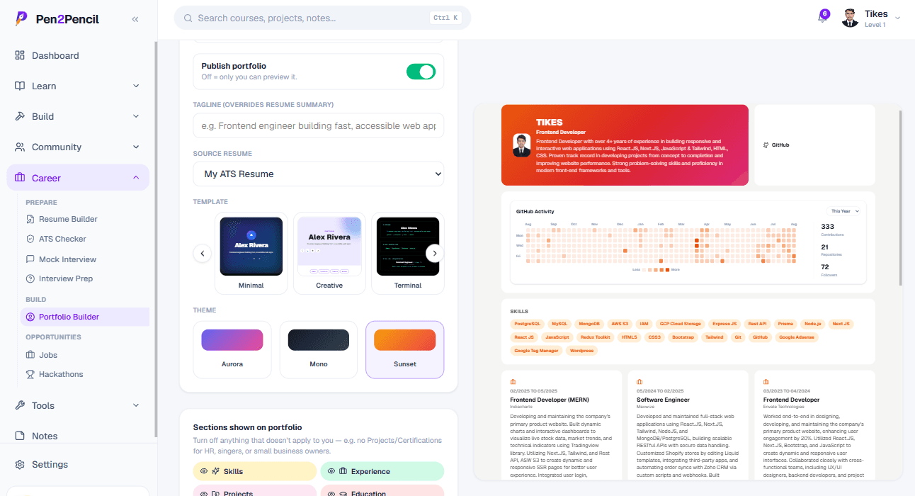 Pen2Pencil portfolio builder with theme picker and live preview